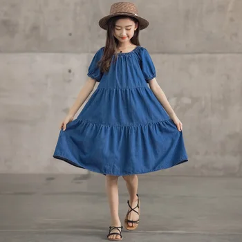 2021 Leto, Bavlna Džínsy Deti Party Šaty Dievča Kórejský Krátky Rukáv Módne Princezná Šaty Pre Dospievajúce Dievča Oblečenie Modrá