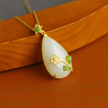 Prírodné Hetian biela jade kvapkovitý Prívesok Náhrdelník Čínskom štýle retro romantický florets sladké roztomilý víla strieborné šperky