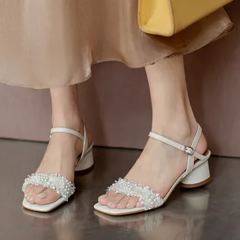 MEMUNIA 2021 Nové Dorazí Vysoké Podpätky Sandále Ženy Originálne Kožené Topánky Pracky Pearl Jednoduché, Sladké Bežné Strany Topánky Žena