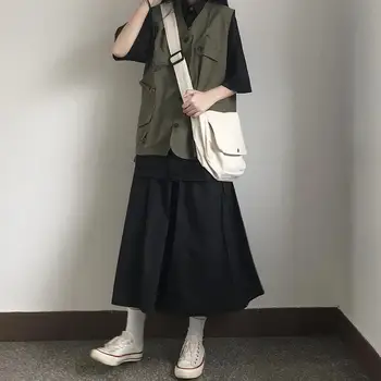 Šaty Sady Ženy Vintage Skladaný Pevné A-line Polovici teľa Sukne Preppy Japonskom Štýle All-zápas Jednoduchý Dizajn High Street Trendy Tričko