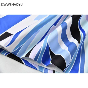 ZIWWSHAOYU 2021 Lete Žena Plus Veľkosť Vysoký Pás podkolienok Šaty Modrá Biela Tlač Polovičný Rukáv Elegantné Módne Šaty