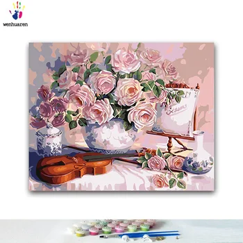 DIY Farebnosť Farba Rose a Husle Obrazy Ružová Plátno Jeden Kus Kvet 50x40 60x50 75x60 90x70 100x80 podľa Čísel, Klasická