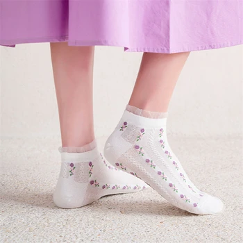 Móda Ženy Kvet Členkové Ponožky Nové Jar Leto Neviditeľné Bavlnené Ponožky Ženy Móda Čipky Oka Krátky Ružové Ponožky Dievčatá