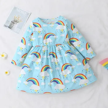 Deti Roztomilý šaty Batoľa Detský Dievčatá Rainbow Dlhý rukáv Fashion Cloud Cartoon Tlač Strany Princezná Šaty Oblečenie 2021