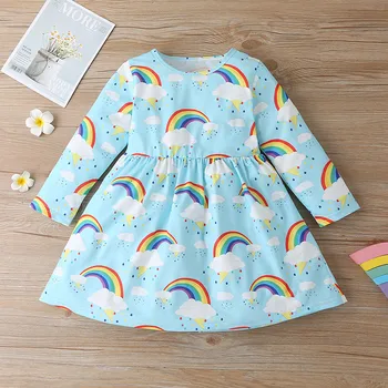 Deti Roztomilý šaty Batoľa Detský Dievčatá Rainbow Dlhý rukáv Fashion Cloud Cartoon Tlač Strany Princezná Šaty Oblečenie 2021