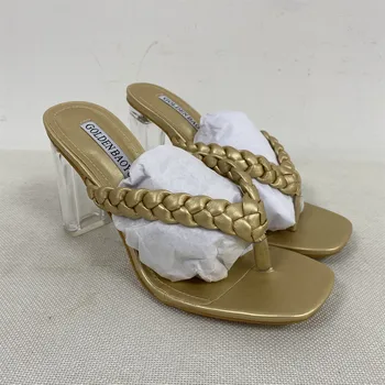 2021 Nové Dizajnér Tkané Vysokým Podpätkom Ženy Sandále Transparentné Hrubé s Rímsko-Flip Flops Dámy Módne Pevné Letné Sandále Žena