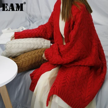 [EAM] Červená Stručný Veľká Veľkosť Pletenie Cardigan Sveter Loose Fit tvaru Dlhý Rukáv Ženy, Nové Módne Príliv Jeseň Zima 2021 1Y200
