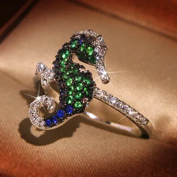 NPKDS Žien Bohemia Vintage Seahorse Tvarované Krúžky Tvorivé Zelené Modré Crystal Zirkón Svadobné Zvierat Krúžok Darčeky pre Dievčatá