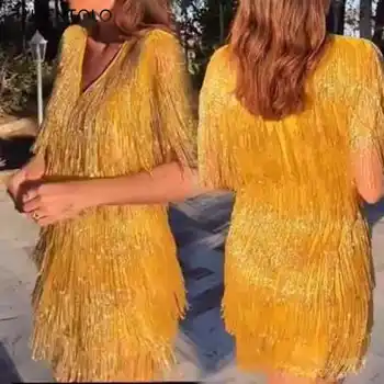 Sexy Party Šaty Žien Strapec Žlté Šaty tvaru bez Rukávov Slim Pani Móda Mini Šaty Lugentolo