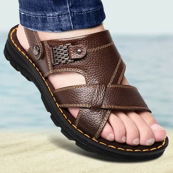 2021 Letné Nový Plochý Pošmyknúť na Kožené Sandále Muži Móda Non-slip Papuče pre Mužov Vonkajšie Pohodlné Piesočnatej Pláži Mužov Sandále