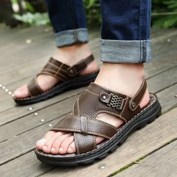 2021 Letné Nový Plochý Pošmyknúť na Kožené Sandále Muži Móda Non-slip Papuče pre Mužov Vonkajšie Pohodlné Piesočnatej Pláži Mužov Sandále