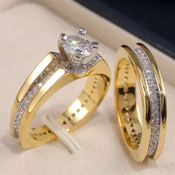 2ks /set Luxusné Svadobné Šperky, Zlato, Farby, Geometrické Pár Prstene pre Mužov, Ženy, Svadobné Micro Pave CZ Lady Návrh Zapojenia