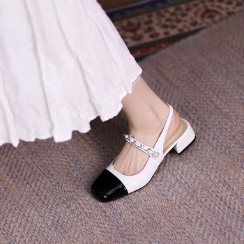 ISNOM 2021 Dámy Sandále Slingback Námestia Prst Zmiešané Farby Topánky Ženy lakovanej Kože Letné Sandále Robustný Podpätky, Topánky