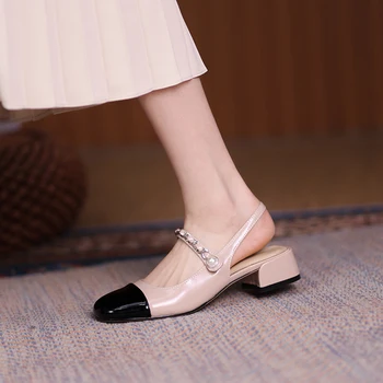 ISNOM 2021 Dámy Sandále Slingback Námestia Prst Zmiešané Farby Topánky Ženy lakovanej Kože Letné Sandále Robustný Podpätky, Topánky