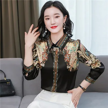 Tričko S Dlhým Rukávom Ženy Vintage Oblečenie 2021 Kórejský Štýl Zase Dole Golier Šifón Topy Elegantné Blusas Mujer Black/Marhuľový Tlač