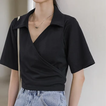 HziriP 2021 Ženy, Letné Kórejský Dizajn Zmysel Pre Jemný T-Shirt Zase Dole Golier Tee Asymetrické Voľné Ležérne Módne, Elegantné