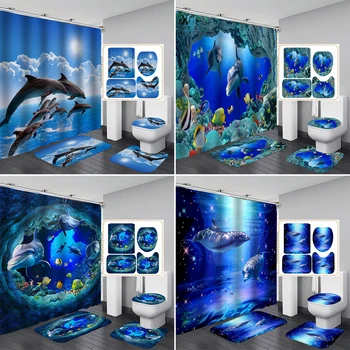 3D Tlač Oceán, More, Blue Dolphin Nepremokavé tkaniny Tkaniny, Záclony Sprchový Záves Kúpeľňa Nastaviť protišmykových Koberec, Wc Veko Krytu Vaňa Mat