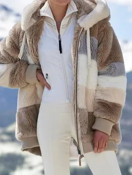 Jane Deiune 2021 Nové Jeseň Zima Ženy Voľné Fleece Pruhovaný Kabát S Kapucňou Teplé Nadrozmerné Módne Outwear
