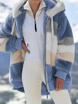 Jane Deiune 2021 Nové Jeseň Zima Ženy Voľné Fleece Pruhovaný Kabát S Kapucňou Teplé Nadrozmerné Módne Outwear
