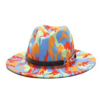Farebné Vytlačené fedora klobúk jar jeseň nové svetlé farebné vlnené jazz klobúk muži ženy plstený klobúk tie-dye vlny-ako Panamský klobúk