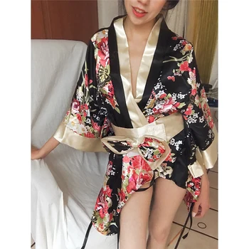Japonské Kimono Cardigan Šaty pre Ženy Sexy Kvetinová Tlač Yukata Ázijské Obi Sleepwear Tradičné Geisha Župan Vintage Oblečenie