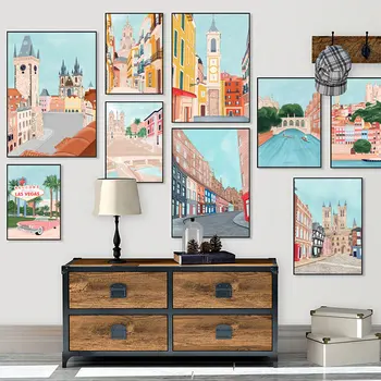 Cartoon Ctiy Street View Postesrs a Vytlačí cestovný Ruch Scenérie Plátno na Maľovanie Prímorské Stavebné Wall Art Obrázky Domáce Dekorácie