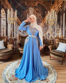 Sky Blue (Nebeská Modrá Elegantné Jednoduché Marocký Kaftane Večerné Šaty Zvláštne Príležitosti Oficiálnych Moslimských Prom Dĺžka Podlahy Dĺžka-Line Zákazku