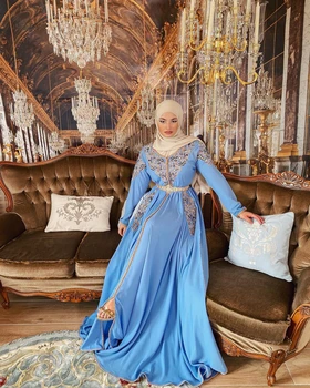 Sky Blue (Nebeská Modrá Elegantné Jednoduché Marocký Kaftane Večerné Šaty Zvláštne Príležitosti Oficiálnych Moslimských Prom Dĺžka Podlahy Dĺžka-Line Zákazku