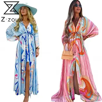 Z-ZOUX Ženy Šaty Voľné Bežné Bohemia Šaty, Sexy Dlhé Tlač na Kvetinový Maxi Šaty V Krku Dlhý Rukáv Čipky Plážové Šaty 2021