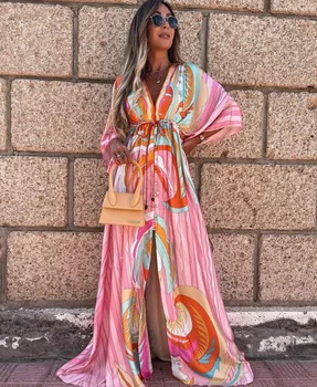 Z-ZOUX Ženy Šaty Voľné Bežné Bohemia Šaty, Sexy Dlhé Tlač na Kvetinový Maxi Šaty V Krku Dlhý Rukáv Čipky Plážové Šaty 2021
