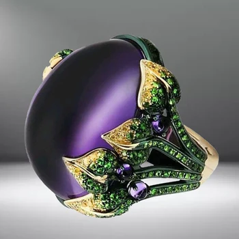 Luxusné Kolo Fialová Opal Zásnubný Prsteň Zlatý Kvet, Listy Smalt Crystal Nevesta Sľub Snubné Prstene pre Ženy Módne Šperky