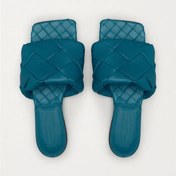 FANAN Luxusné dámske List Sandále Ploché Tkaných Letné Beach Papuče pre Ženy Štvorcové Prst Mikrovlákna Väzbe Bytov Listov Topánky