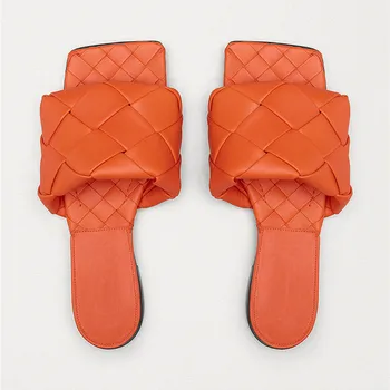 FANAN Luxusné dámske List Sandále Ploché Tkaných Letné Beach Papuče pre Ženy Štvorcové Prst Mikrovlákna Väzbe Bytov Listov Topánky