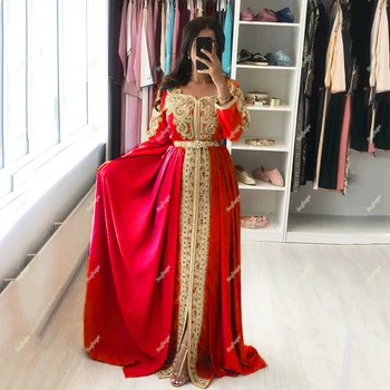 Skutočné Marocký Kaftan Svadobné Šaty Svadobné Šaty Loď Krku Zlaté Appliques Korálky Svadobné Šaty Župan De Mariee Zákazku