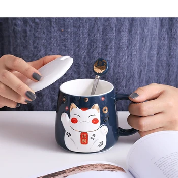 Kreatívne cartoon šťastie mačka keramický hrnček s vekom lyžice office hrnček šálku kávy porcelánové šálky Mlieka pohára, šálky kávy hrnček s vekom