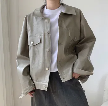 žena klasické pu kožené krátke bunda-shirt
