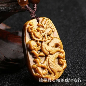 Prírodný Žltý Čínskych Jade Tigrie Oko Kamenný Drak Náhrdelník Prívesok Charm Jadeite Šperky Vyrezávané Amulet Darčeky pre Ženy Muži