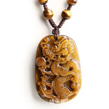 Prírodný Žltý Čínskych Jade Tigrie Oko Kamenný Drak Náhrdelník Prívesok Charm Jadeite Šperky Vyrezávané Amulet Darčeky pre Ženy Muži