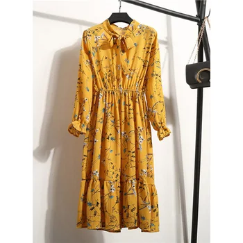 Ženy Bežné Jeseň Šaty Lady Kórejský Štýl Vintage Kvetinový Vytlačené Šifón Tričko Šaty S Dlhým Rukávom Luk Midi Letné Šaty Vestido