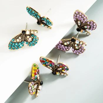 Kráľ Lesklé Elegantné Multi Color Crystal Motýľ Stud Vintage Náušnice Iskrivý Drahokamu Vyhlásenie Náušnice Dievčatá Strana Šperky