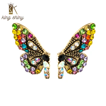 Kráľ Lesklé Elegantné Multi Color Crystal Motýľ Stud Vintage Náušnice Iskrivý Drahokamu Vyhlásenie Náušnice Dievčatá Strana Šperky