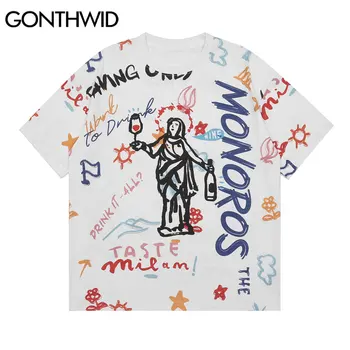 GONTHWID T-Shirts Hip Hop Zábavné Graffiti Vytlačiť Tshirts Streetwear Lete Harajuku Módne Voľné Bavlnené Krátke Tričká Topy