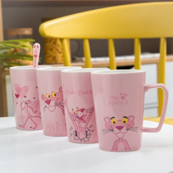 Keramické Ružová Naughty Panther pohár Cartoon Keramiky Latte Mlieka, Džúsu, Čaju Poháre s vekom Lyžice Narodeniny Výročie dary