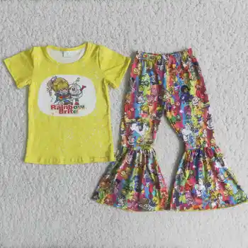 NOVÝ PRÍCHOD Žlté Tričko Cartoon Vzor Dúha Farieb Bell Spodnej časti Nohavice Detské Dievčatá Boutique Oblečenie Set sa