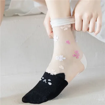 Kreslených Mačka Výšivky Roztomilý Žena Ponožky Letné Ultra-tenké Transparentné Dlhé Ponožky Kvetinový Tlač Harajuku Retro Crystal Hodváb Ponožky