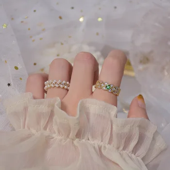 Lesklé Strane Nové Príslušenstvo Crystal Zapojenie Nastaviteľné Prstene pre Ženy Jednoduchý Štýl Pearl Korálky Otvoriť Krúžky