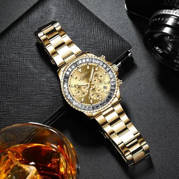Hodinky pre Mužov Značky BIDEN 3ATM Nepremokavé Klasické Zlaté Modrá Chrono Business Bežné Mužov Náramkové hodinky Luxusné Darčeky Zlato pre Mužov