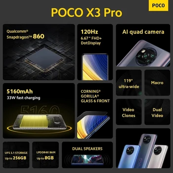 POCO X3 Pro Globálna Verzia Snapdragon 860 Smartphone 8GB 256 GB 120Hz DotDisplay 5160mAh 33W NFC Quad AI Fotoaparát Na Sklade