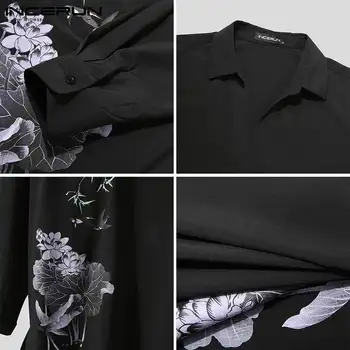INCERUN Mužov Bežné Tričko kvetov Vytlačené Streetwear Zase Dole Golier s Dlhým Rukávom Retro Košele 2021 Voľný čas Camisa Masculina S-5XL