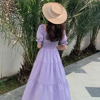 2021 Fialová Elegantnej Čipky Dlho Maxi Šaty Vintage Námestie Golier Žena Franch Šaty Bežné Dovolenku Lady Vestidos